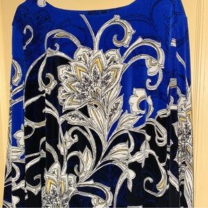 JM Collection Royal Blue and Black Floral Polyester Top Size XL